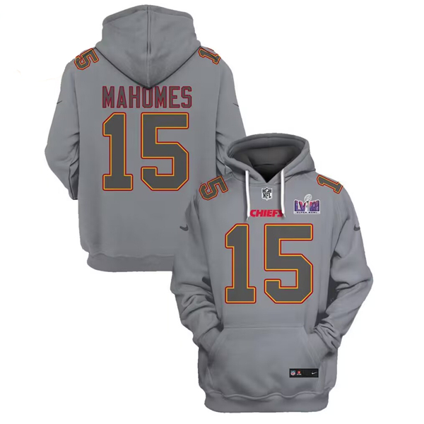 Men's Kansas City Chiefs #15 Patrick Mahomes Gray Super Bowl LVIII Patch Pullover Hoodie