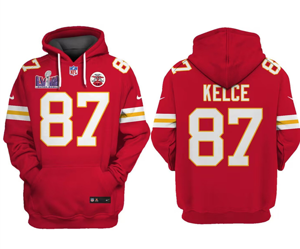 Men's Kansas City Chiefs #87 Travis Kelce Red Super Bowl LVIII Patch Pullover Hoodie