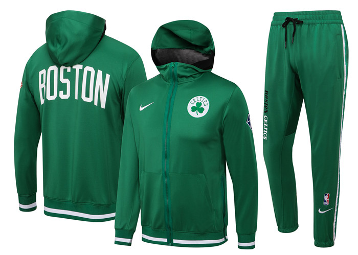 Men's Boston Celtics 75th Anniversary Green Performance Showtime Full-Zip Hoodie Jacket And Pants Suit