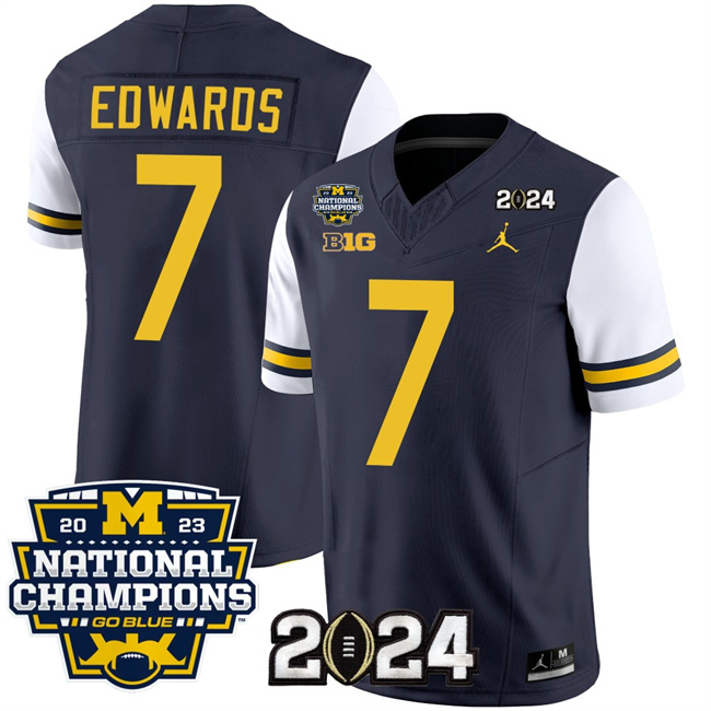 Men's Michigan Wolverines #7 Donovan Edwards Navy White 2024 F.U.S.E. With 2023 National Champions Patch Stitched Jerseys