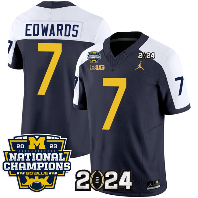 Men's Michigan Wolverines #7 Donovan Edwards Navy White 2024 F.U.S.E. With 2023 National Champions Patch Stitched Jersey