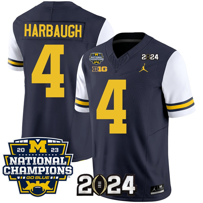 Men's Michigan Wolverines #4 Jim Harbaugh Navy White 2024 F.U.S.E. With 2023 National Champions Patch Stitched Jerseys