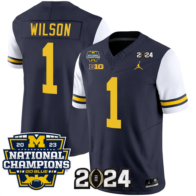 Men's Michigan Wolverines #1 Roman Wilson Navy White 2024 F.U.S.E. With 2023 National Champions Patch Stitched Jerseys