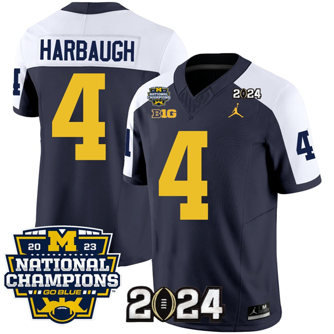 Men's Michigan Wolverines #4 Jim Harbaugh Navy White 2024 F.U.S.E. With 2023 National Champions Patch Stitched Jersey