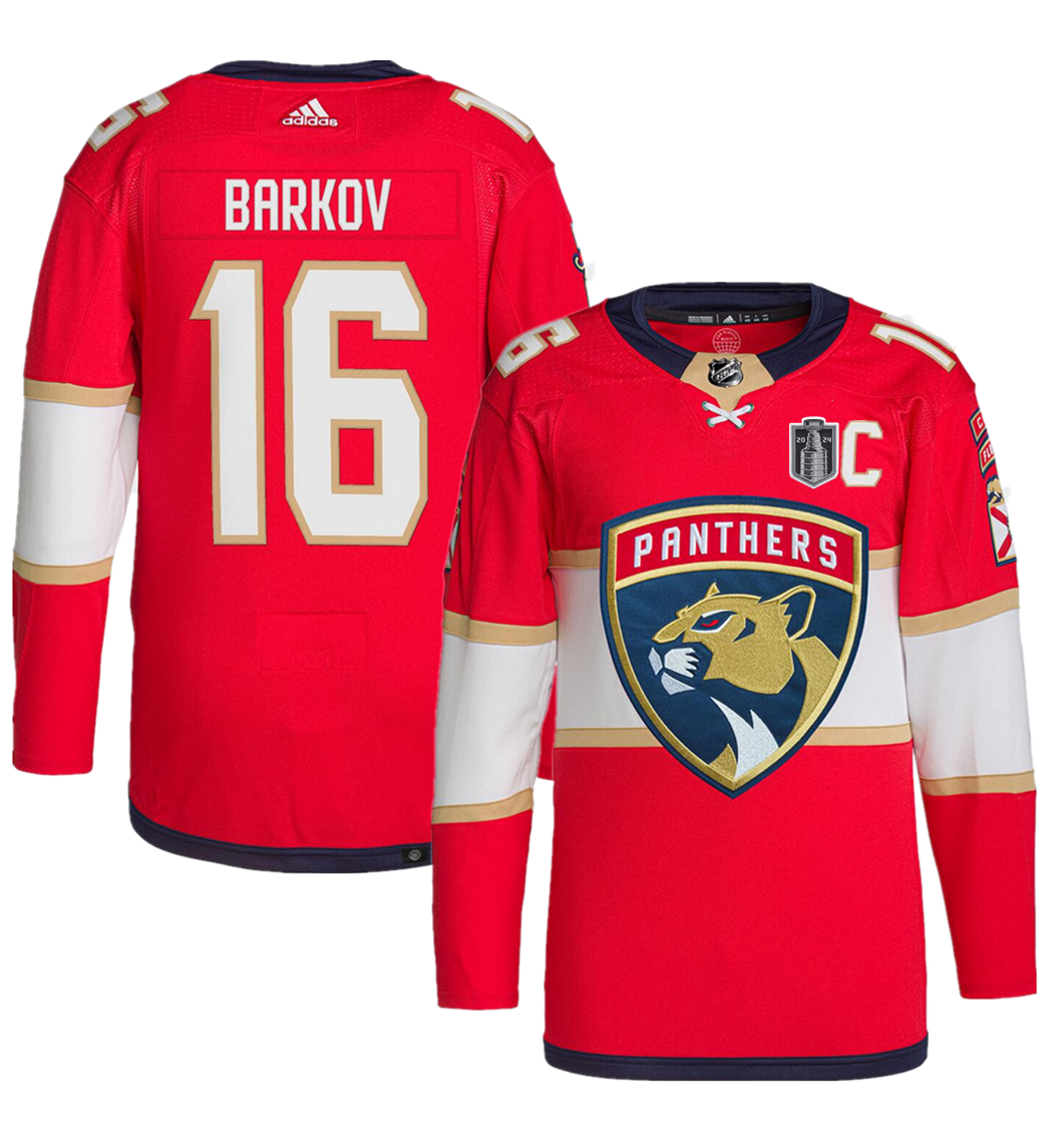 Men's Florida Panthers #16 Aleksander Barkov Red 2024 Stanley Cup Final Patch Stitched Jersey