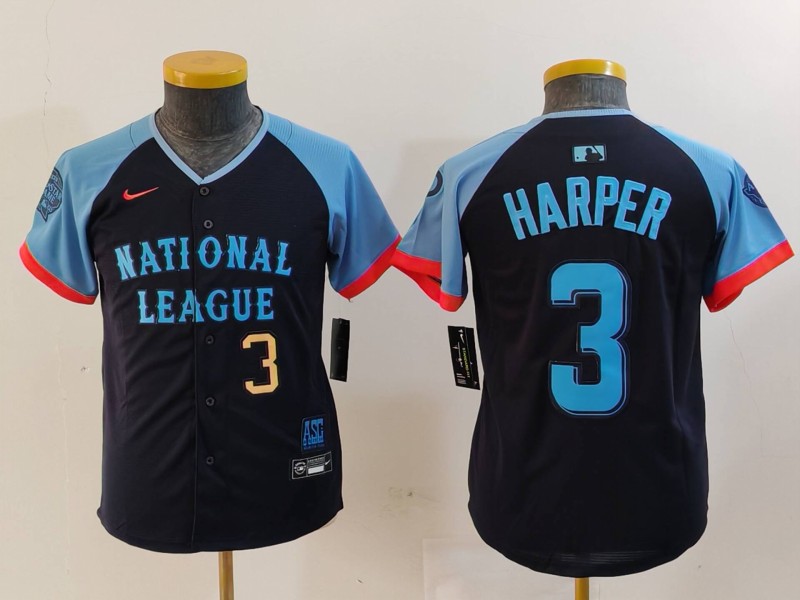 Youth National League #3 Bryce Harper Navy 2024 All-Star Limited Stitched Baseball Jersey 3