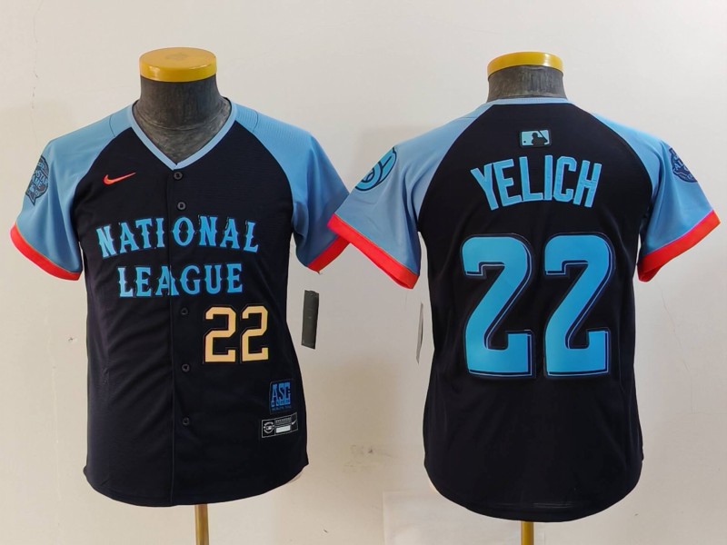 Youth National League #22 Christian Yelich Navy 2024 All-Star Limited Stitched Baseball Jersey 5