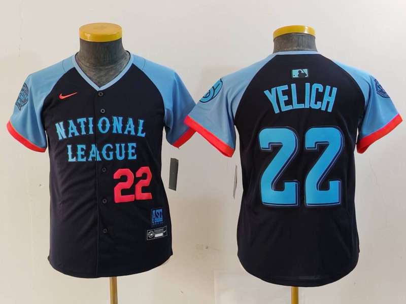 Youth National League #22 Christian Yelich Navy 2024 All-Star Limited Stitched Baseball Jersey 3