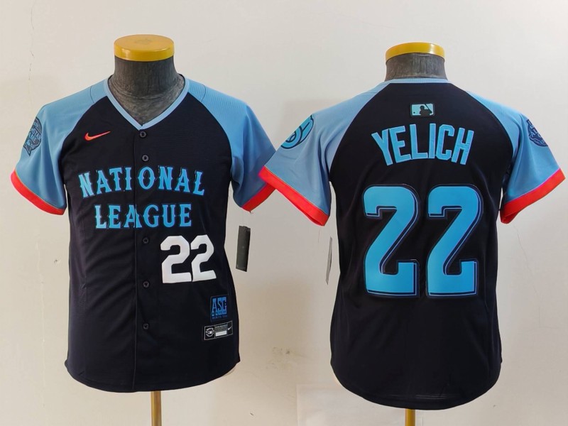 Youth National League #22 Christian Yelich Navy 2024 All-Star Limited Stitched Baseball Jersey 2