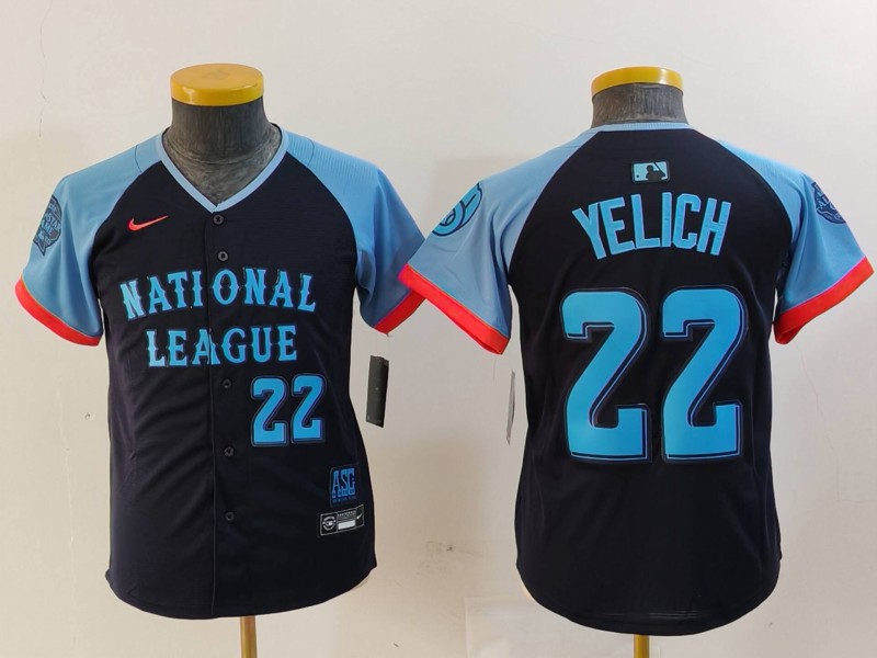 Youth National League #22 Christian Yelich Navy 2024 All-Star Limited Stitched Baseball Jersey 1