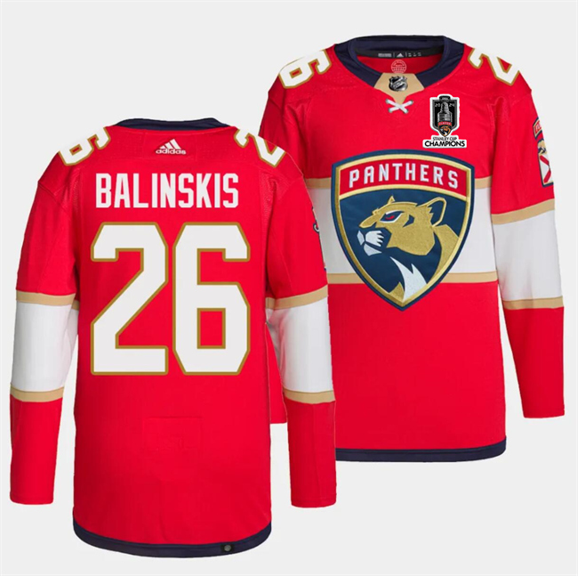 Men's Florida Panthers #26 Uvis Balinskis Red Home 2024 Stanley Cup Champions Stitched Jersey