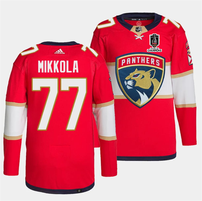 Men's Florida Panthers #77 Niko Mikkola Red Home 2024 Stanley Cup Champions Stitched Jersey