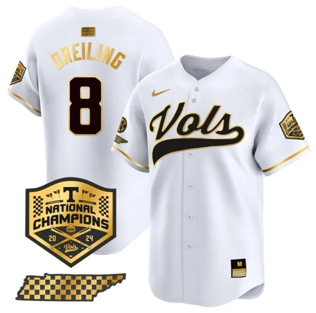 Men's Tennessee Volunteers #8 Dylan Dreiling White Gold 2024 Champions Vapor Limited Stitched Jersey