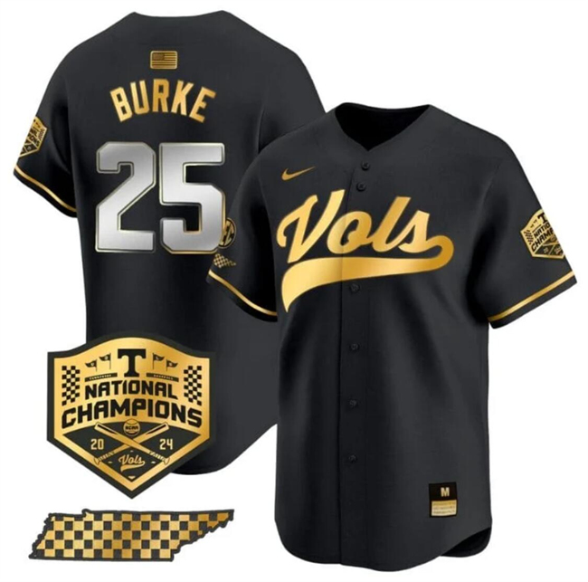 Men's Tennessee Volunteers #25 Blake Burke Black Gold 2024 Champions Vapor Limited Stitched Jersey