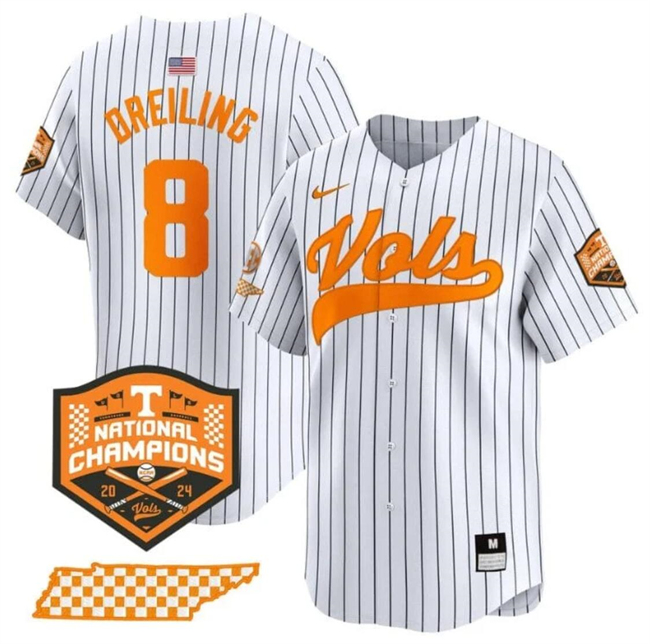 Men's Tennessee Volunteers #8 Dylan Dreiling White 2024 Champions Vapor Limited Stitched Jerseys