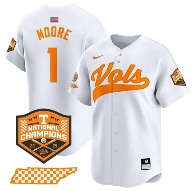 Men's Tennessee Volunteers #1 Christian Moore White 2024 Champions Vapor Limited Stitched Jersey