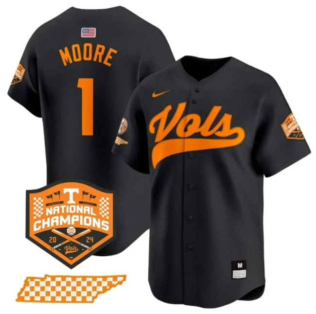 Men's Tennessee Volunteers #1 Christian Moore Black 2024 Champions Vapor Limited Stitched Jersey