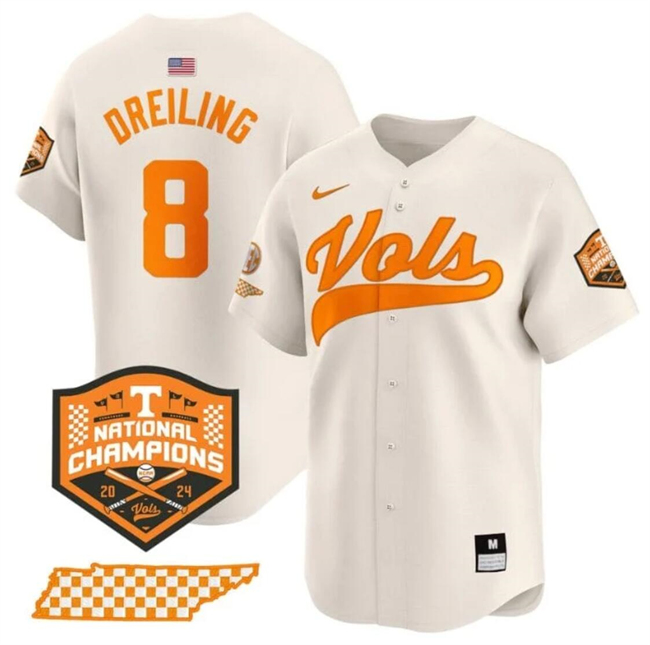 Men's Tennessee Volunteers #8 Dylan Dreiling Cream 2024 Champions Vapor Limited Stitched Jersey