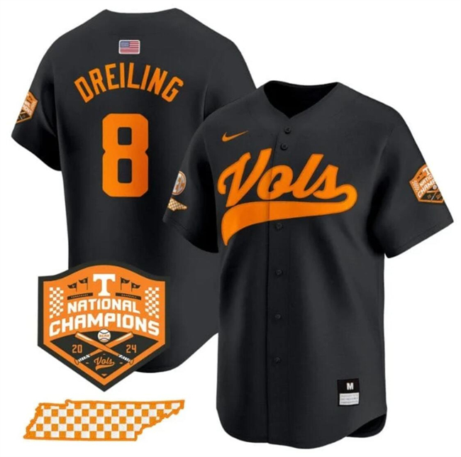 Men's Tennessee Volunteers #8 Dylan Dreiling Black 2024 Champions Vapor Limited Stitched Jersey