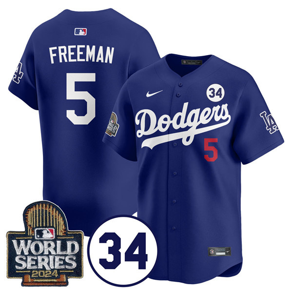 Men's Los Angeles Dodgers #5 Freddie Freeman Royal 2024 World Series With No. 34 Patch Limited Stitched Baseball Jersey