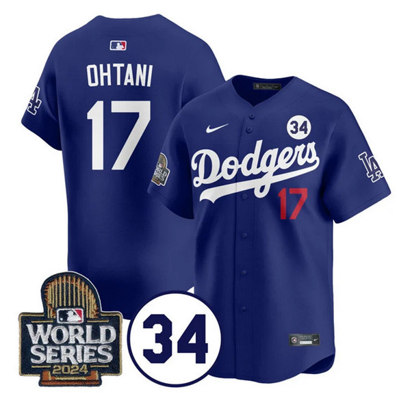 Men's Los Angeles Dodgers #17 Shohei Ohtani Royal 2024 World Series With No. 34 Patch Limited Stitched Baseball Jersey