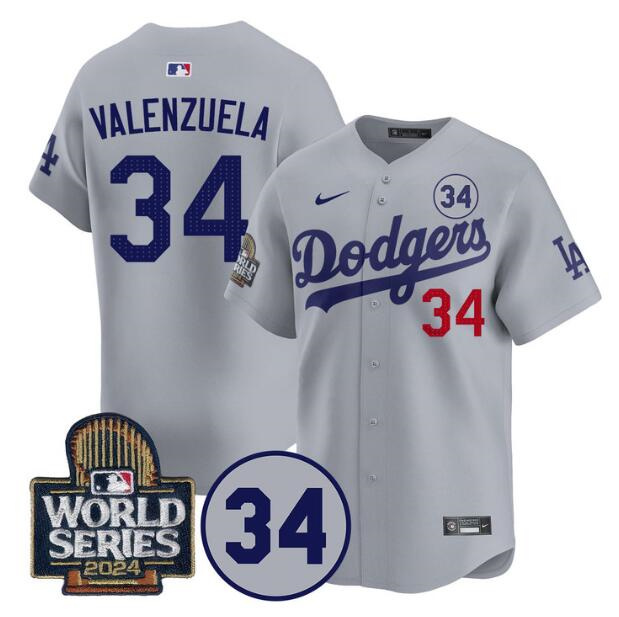 Men's Los Angeles Dodgers #34 Toro Valenzuela Grey 2024 World Series With No. 34 Patch Limited Stitched Baseball Jersey