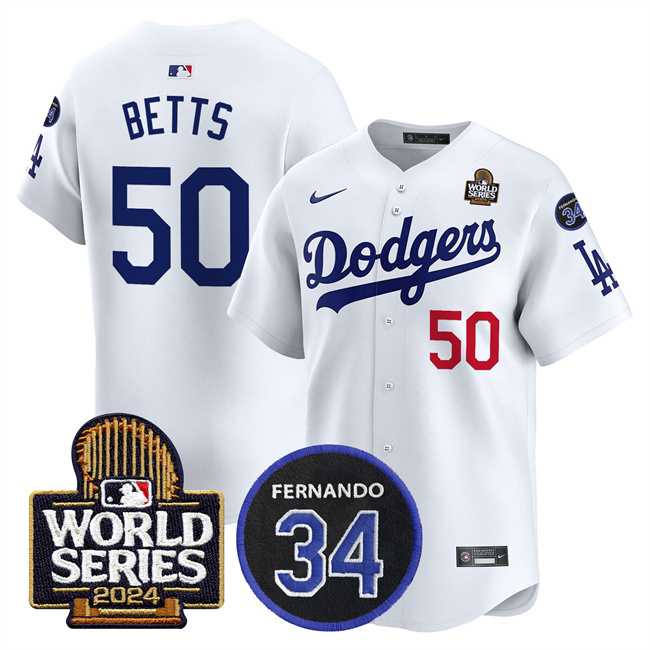 Youth Los Angeles Dodgers #50 Mookie Betts White 2024 World Series With Fernando Memorial Patch Limited Stitched Baseball Jersey