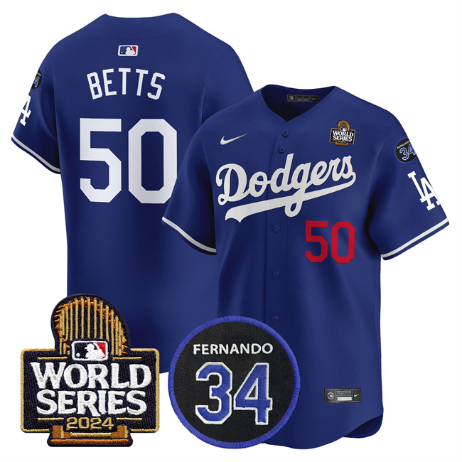 Youth Los Angeles Dodgers #50 Mookie Betts Royal 2024 World Series With Fernando Memorial Patch Limited Stitched Baseball Jersey