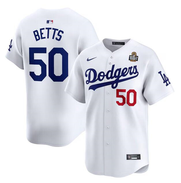 Men's Los Angeles Dodgers #50 Mookie Betts White 2024 World Series Home Limited Stitched Baseball Jersey