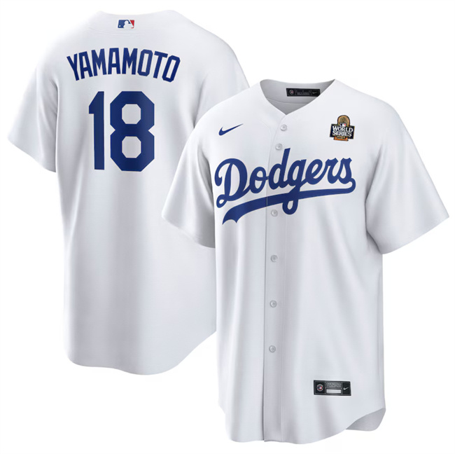 Men's Los Angeles Dodgers #18 Yoshinobu Yamamoto White 2024 World Series Cool Base Stitched Baseball Jersey