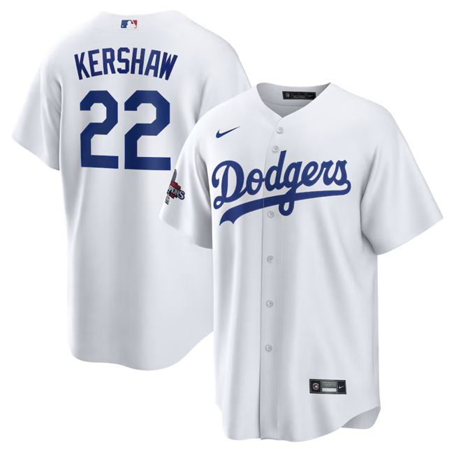 Men's Los Angeles Dodgers #22 Clayton Kershaw White 2024 World Series Champions Cool Base Stitched Baseball Jersey