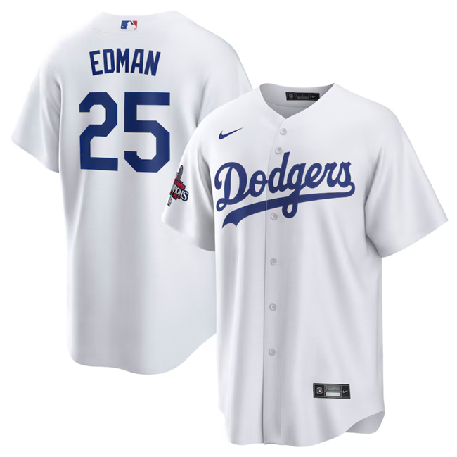 Men's Los Angeles Dodgers #25 Tommy Edman White 2024 World Series Champions Cool Base Stitched Baseball Jersey