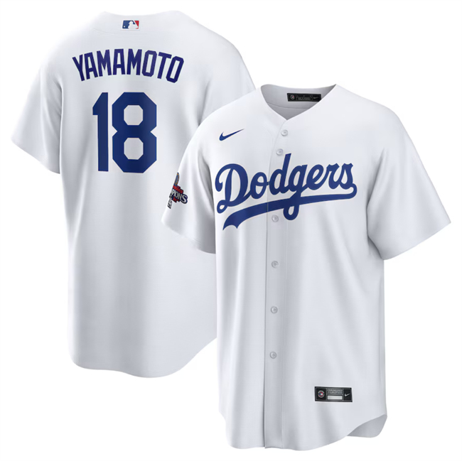 Men's Los Angeles Dodgers #18 Yoshinobu Yamamoto White 2024 World Series Champions Cool Base Stitched Baseball Jersey