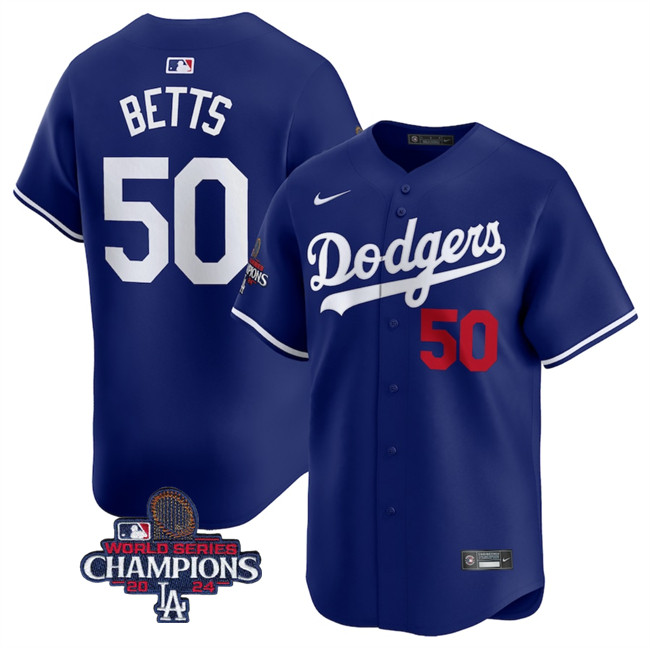 Men's Los Angeles Dodgers #50 Mookie Betts Royal 2024 World Series Champions Alternate Limited Stitched Baseball Jersey