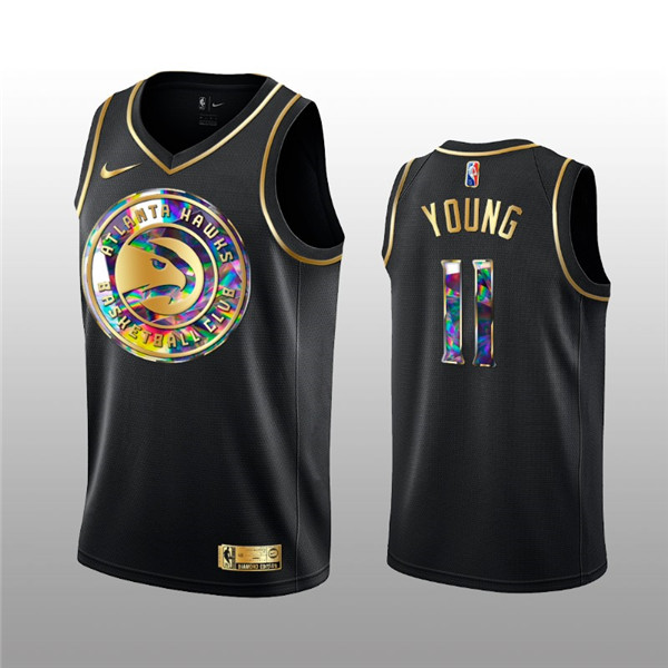 Men's Atlanta Hawks #11 Trae Young 2021 22 Black Golden Edition 75th Anniversary Diamond Logo Stitched Basketball Jersey