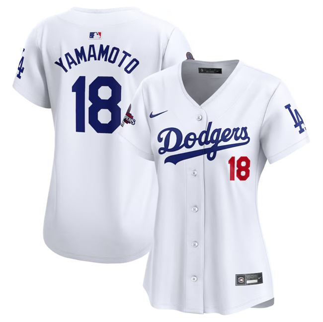 Women's Los Angeles Dodgers #18 Yoshinobu Yamamoto White 2024 World Series Champions Home Limited Stitched Baseball Jersey(Run Small)