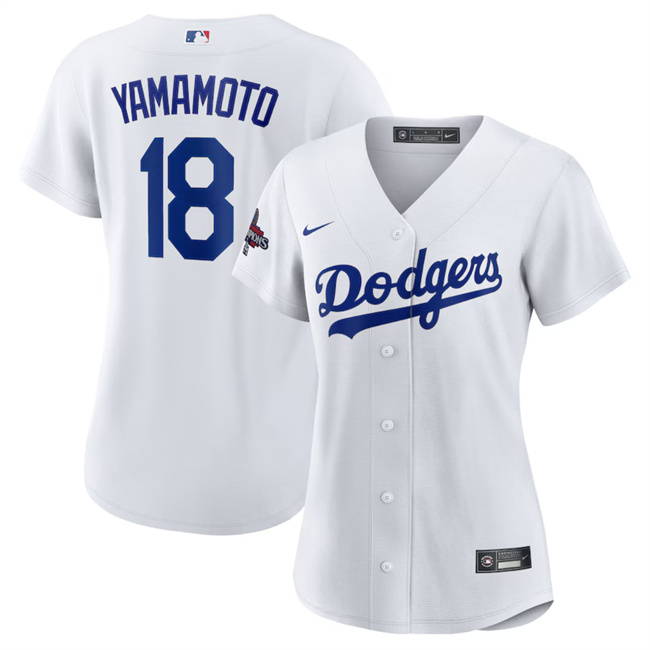 Women's Los Angeles Dodgers #18 Yoshinobu Yamamoto White 2024 World Series Champions Cool Base Stitched Baseball Jersey(Run Small)