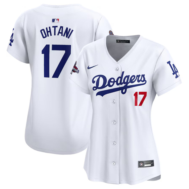 Women's Los Angeles Dodgers #17 Shohei Ohtani White 2024 World Series Champions Home Limited Stitched Baseball Jersey(Run Small)