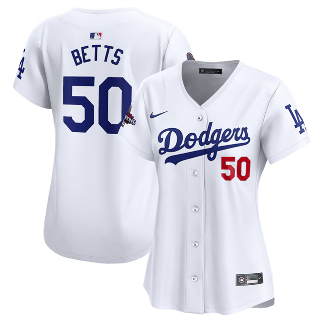 Women's Los Angeles Dodgers #50 Mookie Betts White 2024 World Series Champions Home Limited Stitched Baseball Jersey(Run Small)