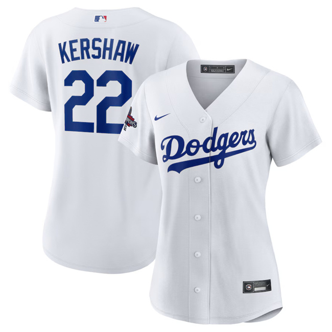 Women's Los Angeles Dodgers #22 Clayton Kershaw White 2024 World Series Champions Cool Base Stitched Baseball Jersey(Run Small)