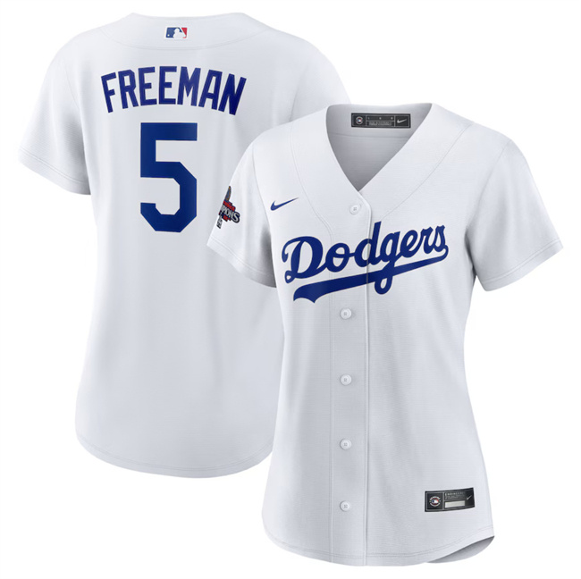 Women's Los Angeles Dodgers #5 Freddie Freeman White 2024 World Series Champions Cool Base Stitched Baseball Jersey(Run Small)