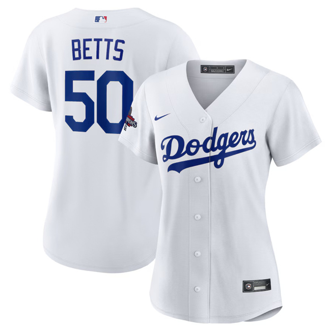 Women's Los Angeles Dodgers #50 Mookie Betts White 2024 World Series Champions Cool Base Stitched Baseball Jersey(Run Small)