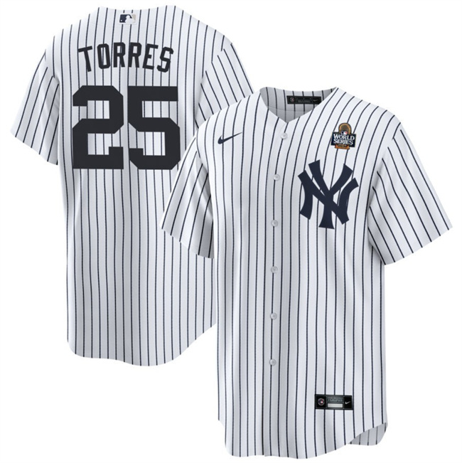 Men's New York Yankees #25 Gleyber Torres White 2024 World Series With Name Cool Base Stitched Baseball Jersey