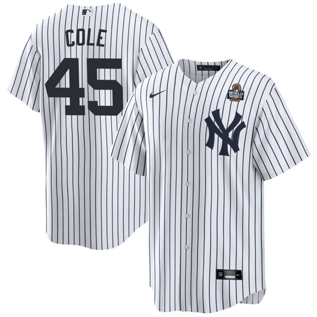 Men's New York Yankees #45 Gerrit Cole White 2024 World Series With Name Cool Base Stitched Baseball Jersey