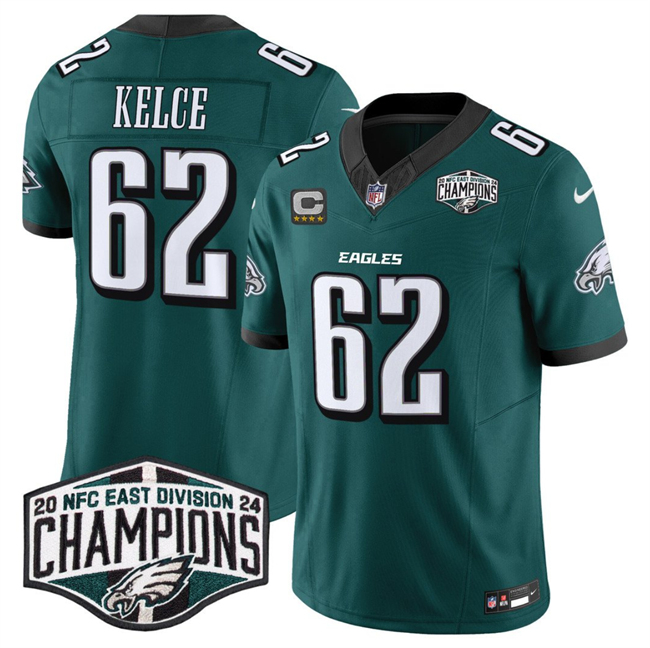 Men's Philadelphia Eagles #62 Jason Kelce Green 2024 New NFC East Champions With 4-Star C Patch F.U.S.E. Vapor Untouchable Limited Stitched Football Jersey