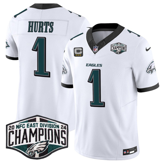 Men's Philadelphia Eagles #1 Jalen Hurts White 2024 New NFC East Champions With 3-Star C Patch F.U.S.E. Vapor Untouchable Limited Stitched Football Jersey