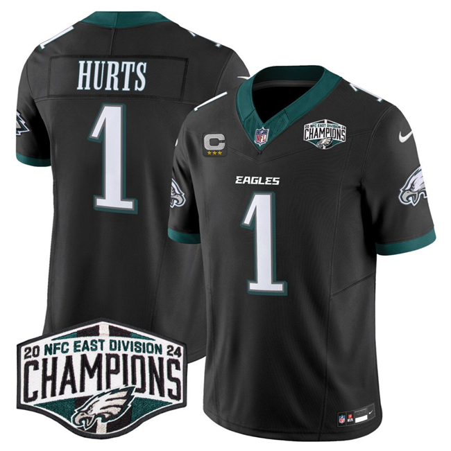 Men's Philadelphia Eagles #1 Jalen Hurts Black 2024 New NFC East Champions With 3-Star C Patch F.U.S.E. Vapor Untouchable Limited Stitched Football Jersey