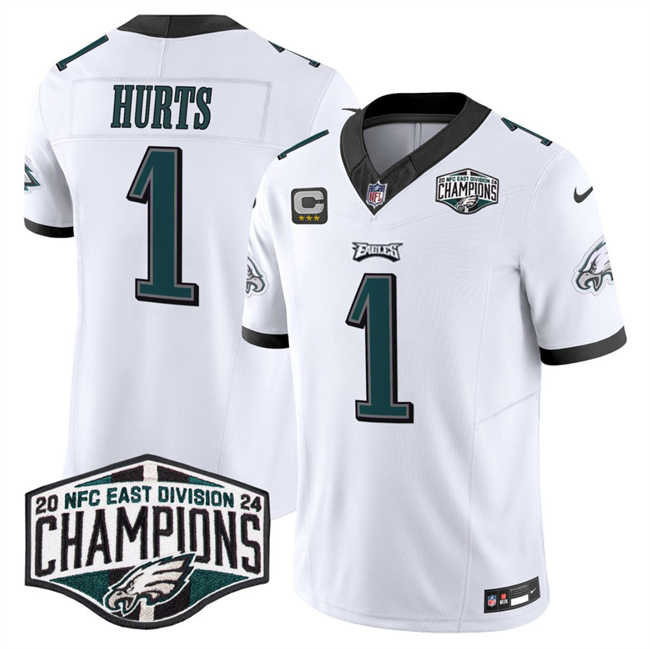 Men's Philadelphia Eagles #1 Jalen Hurts White 2024 NFC East Champions With 3-Star C Patch F.U.S.E. Vapor Untouchable Limited Stitched Football Jersey