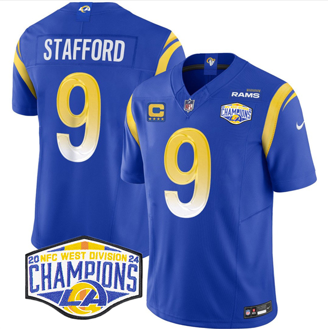 Men's Los Angeles Rams #9 Matthew Stafford Blue 2024 NFC West Champions With 4-Star C Patch F.U.S.E. Vapor Untouchable Stitched Football Jersey