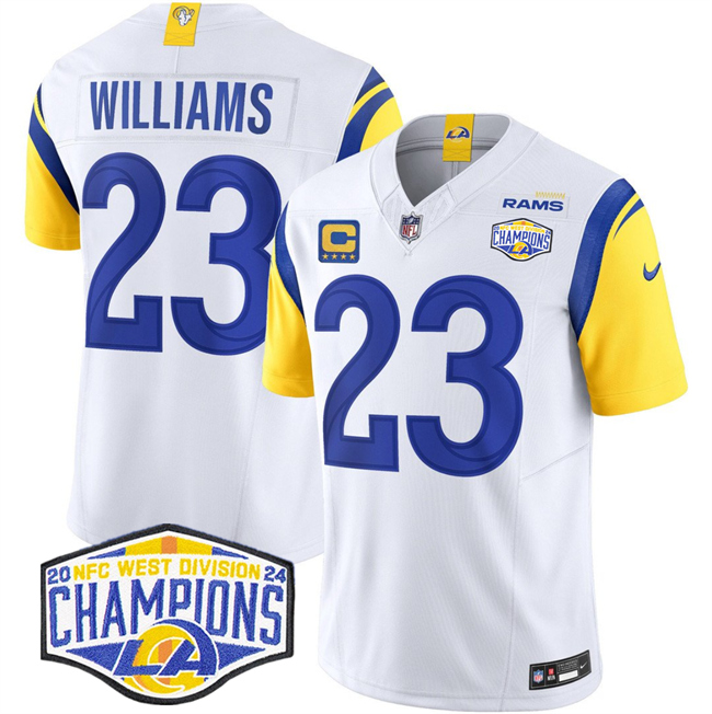 Men's Los Angeles Rams #23 Kyren Williams White 2024 NFC West Champions With 4-Star C Patch F.U.S.E. Vapor Untouchable Stitched Football Jersey